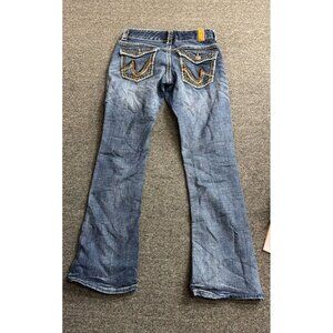 Maurices Womens Jeans 3/4 RGL Low Rise Bootcut Flare Embroidered Thick Stitch